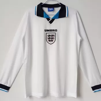 1996 England Home Retro Soccer Jersey Long Sleeve White Blue