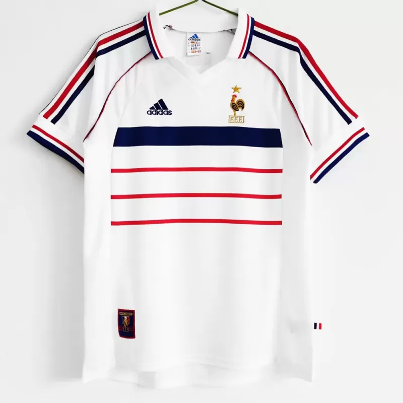 1998 France Away Retro Soccer Jersey White Blue Vintage