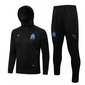 2021 2022 Olympique de Marseille Mens Black Hooded Training Soccer Tracksuit Kit