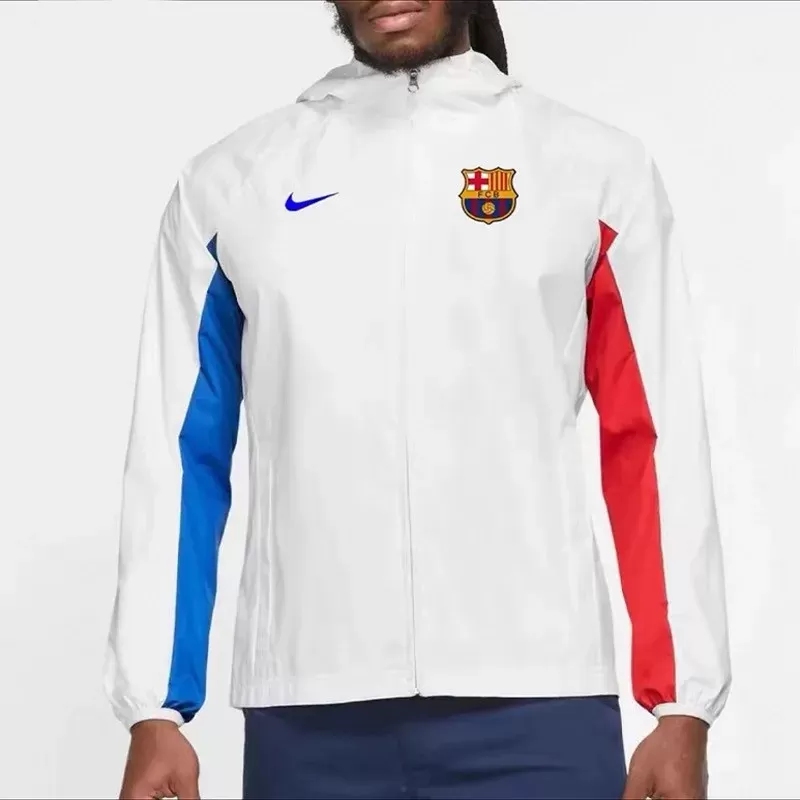 2023 2024 FC Barcelona Mens AWF Raglan Hoodie Soccer Jacket White 2023 2024 FC Barcelona Mens AWF Raglan Hoodie Soccer Jacket White