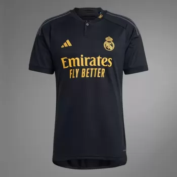 2023 2024 Real Madrid Mens Third Soccer Jersey Black Gold Henley