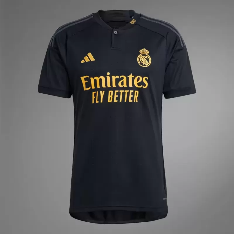 2023 2024 Real Madrid Mens Third Soccer Jersey Black Gold Henley