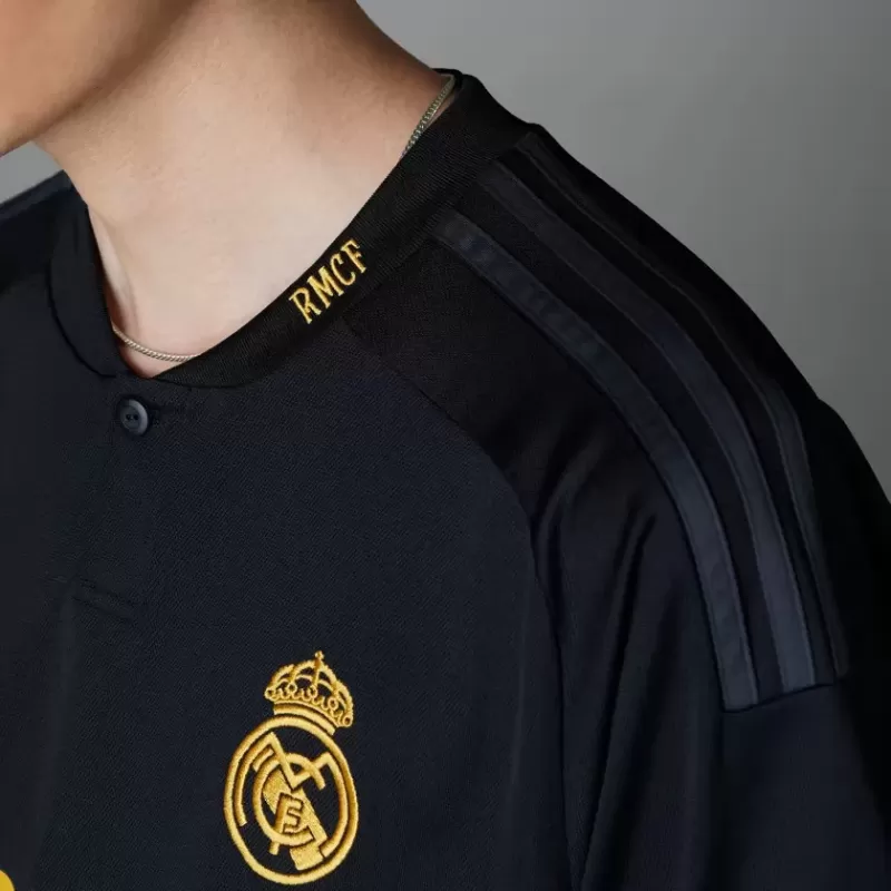 2023 2024 Real Madrid Mens Third Soccer Jersey Black Gold Henley