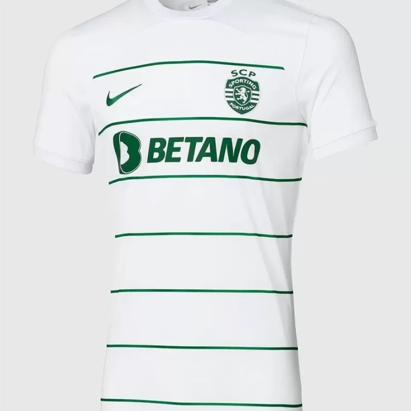 2023 2024 Sporting CP Mens Away Soccer Jersey White Green Pinstripe