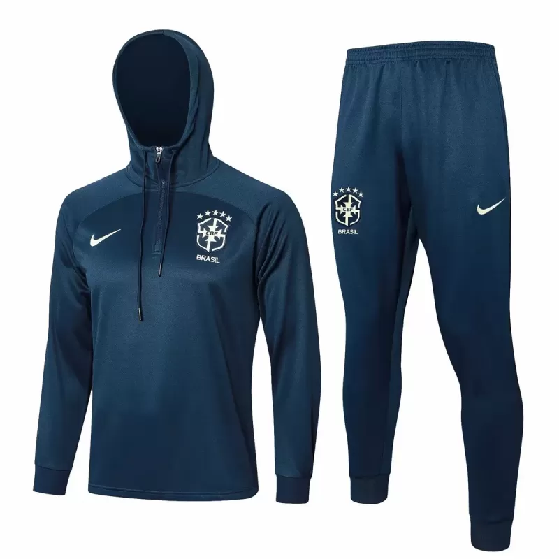 2024 2025 Brazil National Team Blue Hooded Training Soccer Tracksuit Kit
