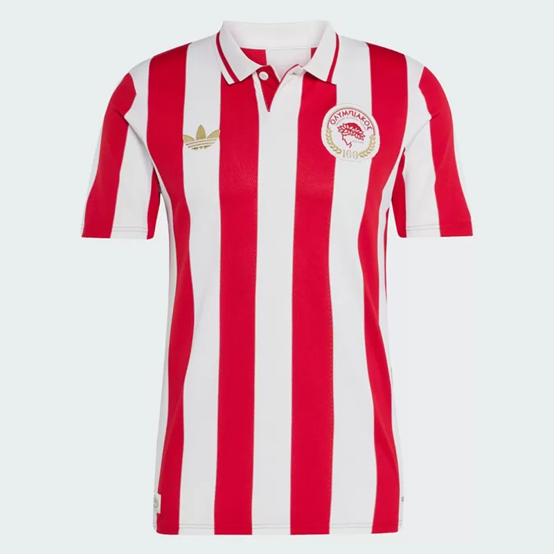 2024 2025 Olympiacos Centenary Soccer Jersey Red White Stripes 2024 2025 Olympiacos Centenary Soccer Jersey Red White Stripes