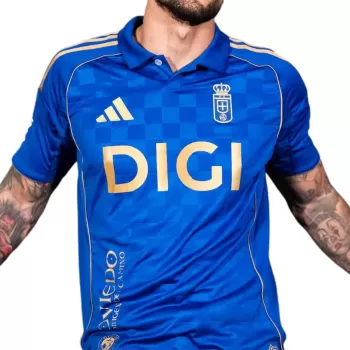 2025 2026 Real Oviedo Mens Centenary Home Soccer Jersey Blue Gold