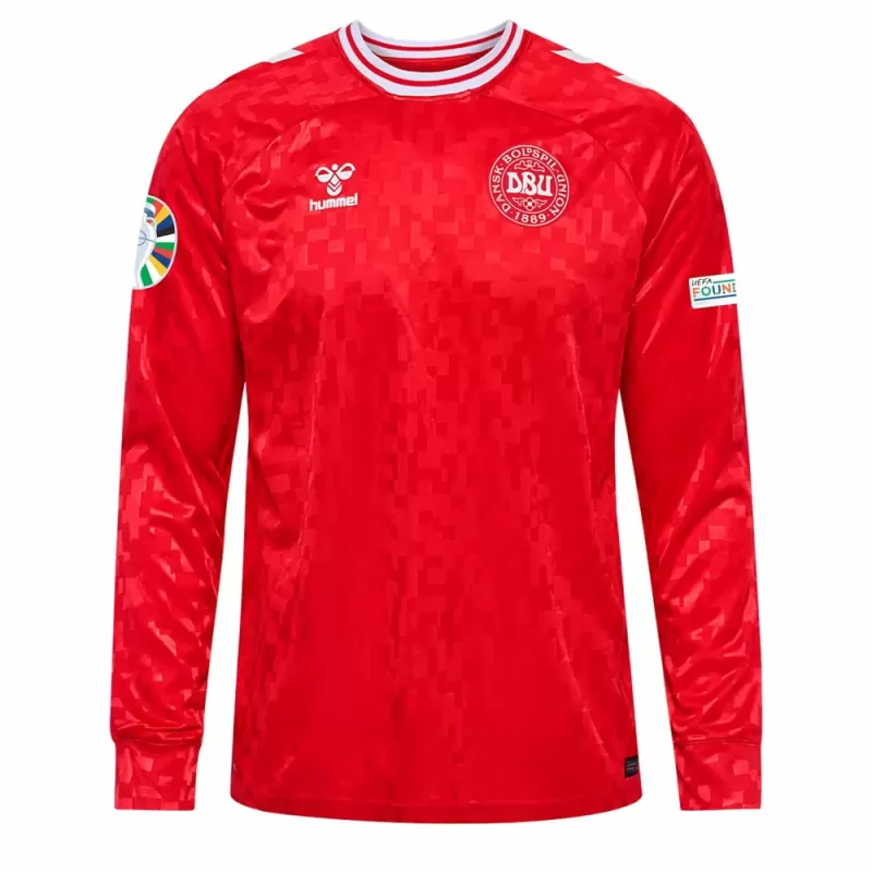 Euro 2024 Denmark Mens Home Long Sleeve Soccer Jersey